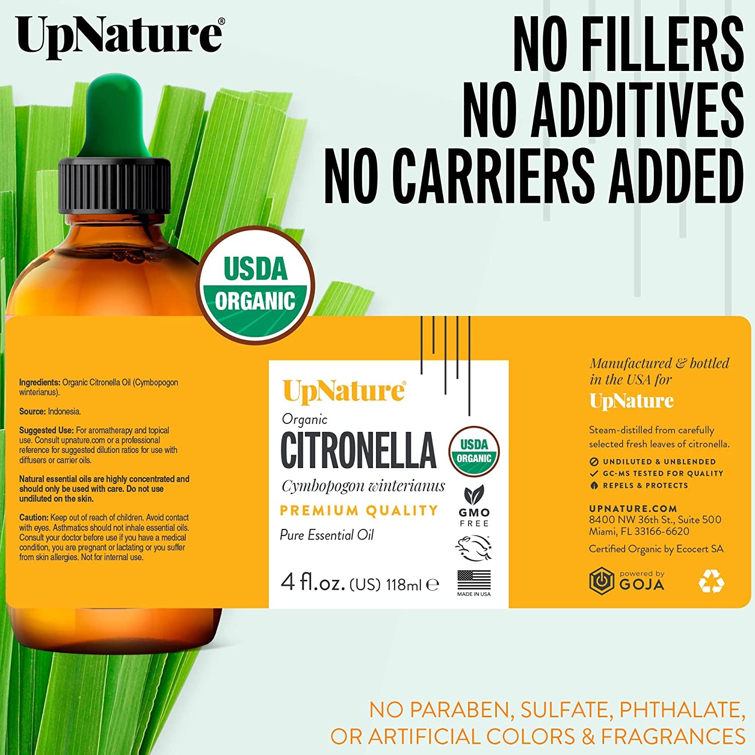 Organic Citronella Essential Oil Huge 4 OZ – USDA Certified Organic, Pure Citronella Oil, Therapeutic Grade, Undiluted, Non-Gmo – Mood Boost, Aromatherapy with Dropper