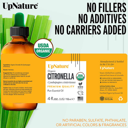 Organic Citronella Essential Oil Huge 4 OZ – USDA Certified Organic, Pure Citronella Oil, Therapeutic Grade, Undiluted, Non-Gmo – Mood Boost, Aromatherapy with Dropper