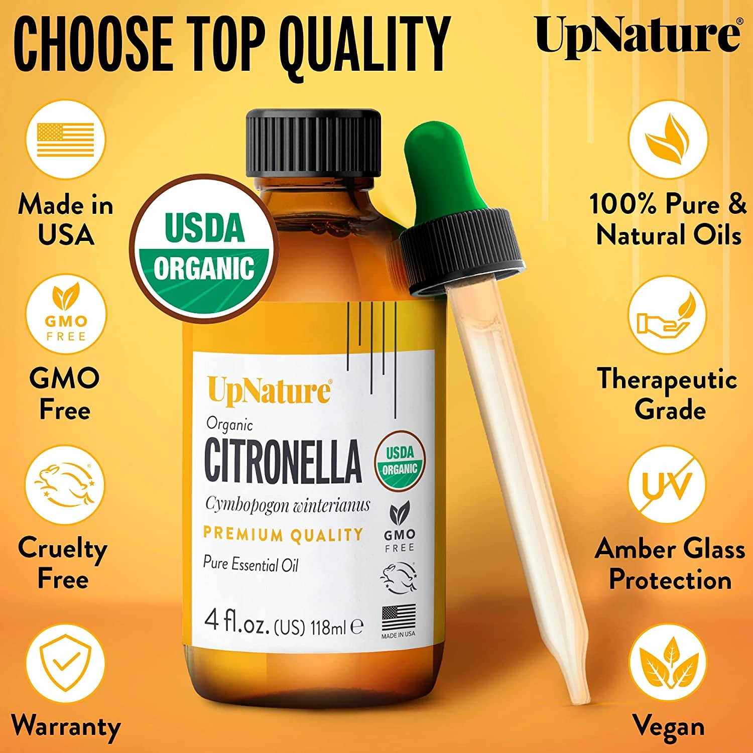 Organic Citronella Essential Oil Huge 4 OZ – USDA Certified Organic, Pure Citronella Oil, Therapeutic Grade, Undiluted, Non-Gmo – Mood Boost, Aromatherapy with Dropper