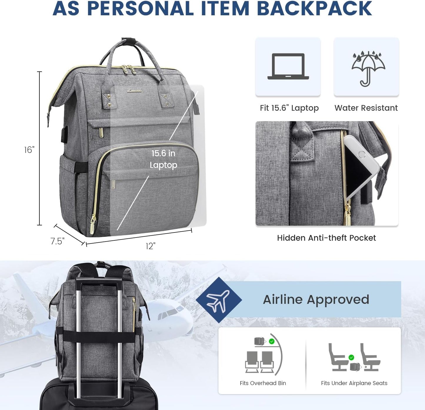 Laptop Backpack Women, 15.6 Inch Work Backpack Woman for Teacher Nurse Bags, Computer College Backpack Purse, Waterproof Anti-Theft Travel Back Pack with USB Charging Port, Grey