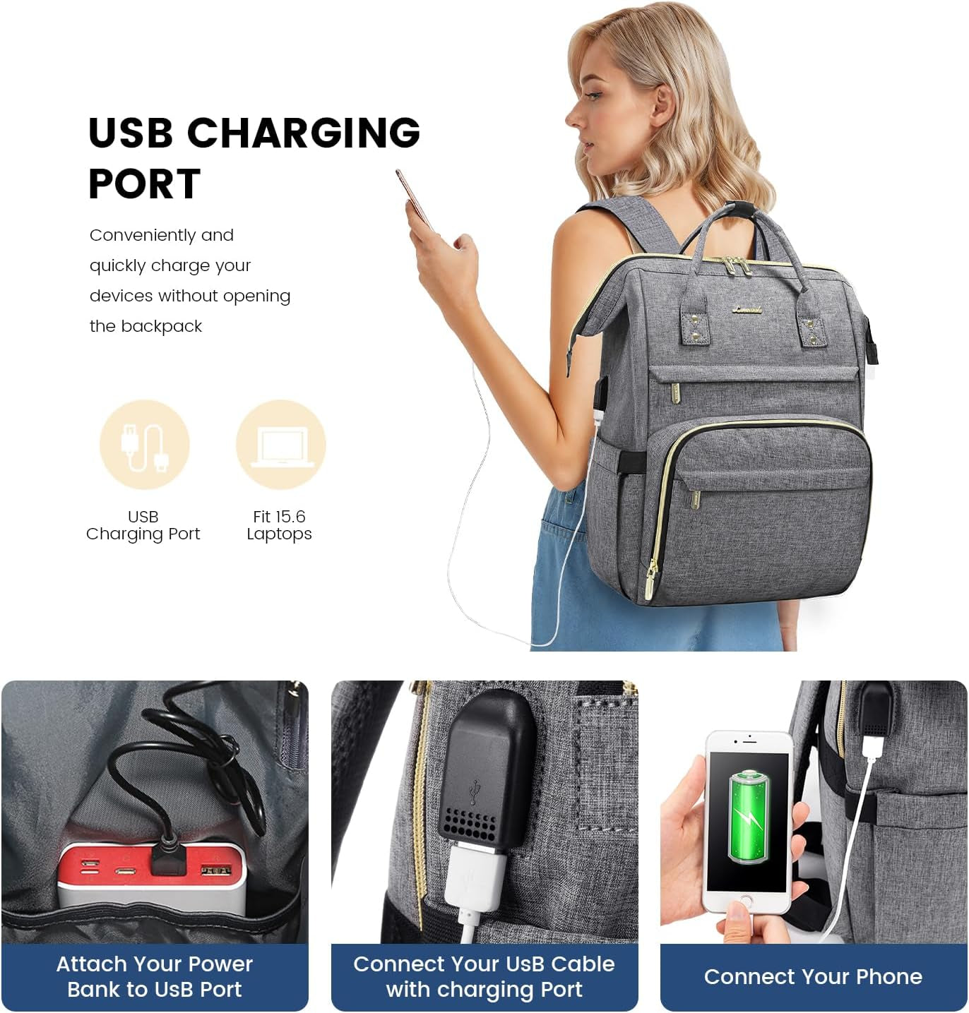 Laptop Backpack Women, 15.6 Inch Work Backpack Woman for Teacher Nurse Bags, Computer College Backpack Purse, Waterproof Anti-Theft Travel Back Pack with USB Charging Port, Grey