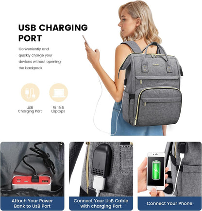 Laptop Backpack Women, 15.6 Inch Work Backpack Woman for Teacher Nurse Bags, Computer College Backpack Purse, Waterproof Anti-Theft Travel Back Pack with USB Charging Port, Grey